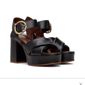 NWT SEE BY CHLOÉ - Black Lyna Leather Platform Heeled Sandals